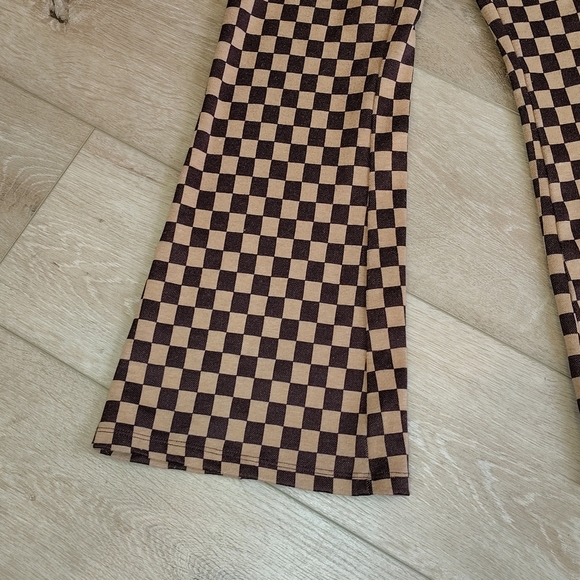 Funky Retro Brown Flared Checkered Pants Junior Size 3 High Elastic Waist - Picture 2 of 8